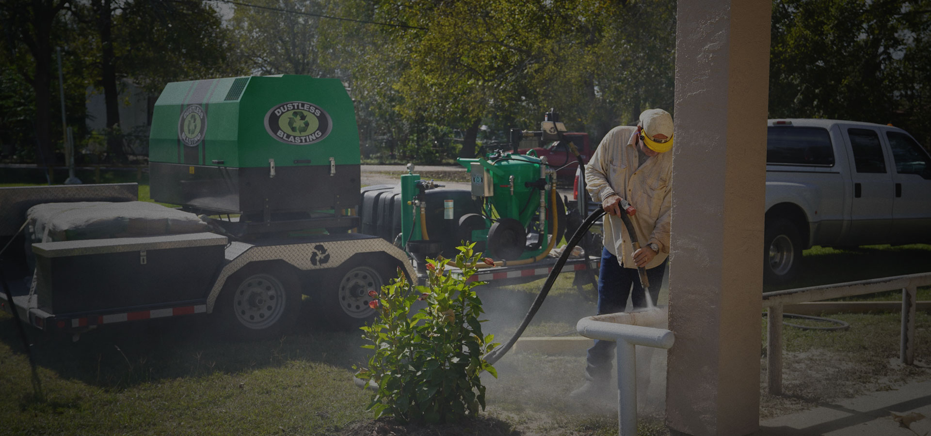 Resto Blasters mobile media blasting unit on a job site in Central Ohio